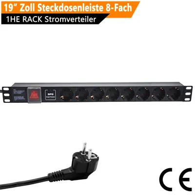 Produktbild von ORSEM 19" Zoll Steckdosenleiste 8-Fach 1HE – 16A - 3680W – Überspannungsschutz 1,8m Stromkabel – Schutzkontakt, Überlastschalter, Netzschalter Schwarz