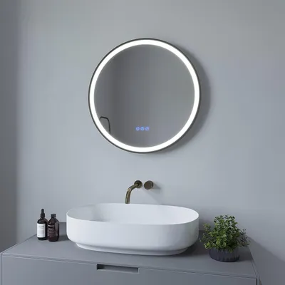 Produktbild von AQUALAVOS Badspiegel mit Beleuchtung Rund 60 cm Schwarz Rahmen LED Wandspiegel Badezimmerspiegel Beschlagfrei Spiegelheizung Lichtspiegel 3 Lichtfarben Dimmbar Touch Schalter für Wandschalter
