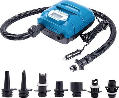 Produktbild von 20 PSI Hochdruck-SUP-Pumpe, Doppelmotor, 150 W, 12 V DC, aufblasbar, entlueftbar, elektrische Luftpumpe mit 7 Duesen fuer Paddleboard, Surfbrett, Luftmatratze, Boot, Kajak, mit tragbarem Griff, LED-Anzeige