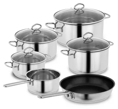Produktbild von Kopf Topfset Merkur aus Edelstahl - Induktionstöpfe mit Schüttrand, Literskala und Glasdeckel – 6-teilig