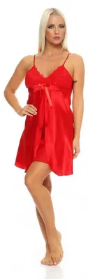 Produktbild von Damen kurzes Satin Negligé Nachtkleid Reizwäsche mit Spitze; Rot/S