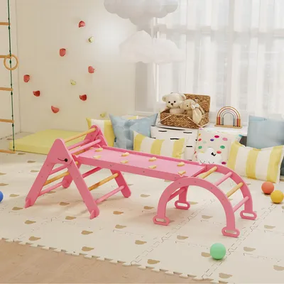 Produktbild von SUGIFT Kletterdreieck mit Rutsche, Klettergerüst Indoor 7-in-1 klappbar, Kletterbogen, Rosa | Pappelholz | bis 50 kg | 188 x 70 x 59 cm