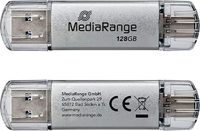 Produktbild von MediaRange MR938, 128 GB, USB Type-A / USB Type-C, 3.2 Gen 1 (3.1 Gen 1), 80 MB/s, Kappe, Silber