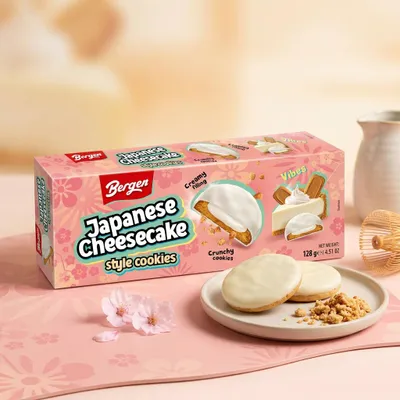 Produktbild von Bergen Japanese Cheesecake Style Cookie – Mürbekekse mit Joghurtcreme und Milchglasur 128 g + Heartforcards Versandschutz, KI-generiertes Bild