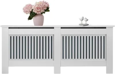 Image de Azomor : habillage de radiateur moderne blanc avec étagère et lamelles, adapté à tous les intérieurs