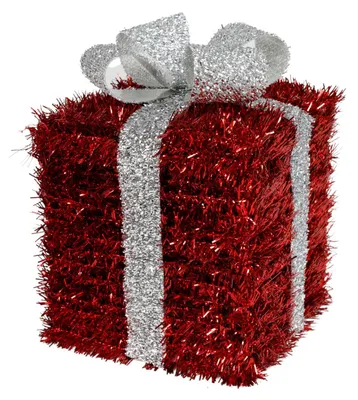 Produktbild von Lametta Weihnachtsgeschenk rot 16cm mit Schleife Weihnachtsdeko Geschenkpäckchen