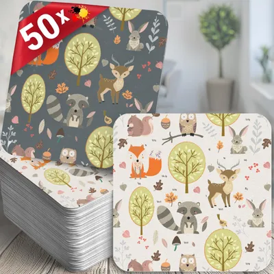 50 Bierdeckel Waldtiere, eckig 9,2 cm, bunte Tiermotive – Ansicht 1