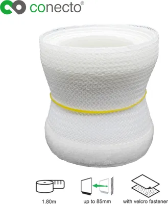 Produktbild von conecto CC50328 Universeller Polyester-Kabelschlauch, selbst zusammenziehend  mit Klettverschluss, Ø 85mm, 1,80m, weiß