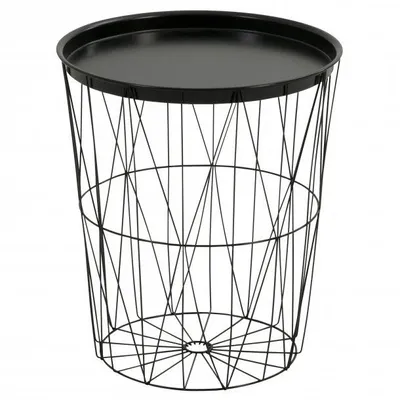 A black metal side table with a tray top and a wireframe base.