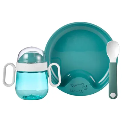 Produktbild von Mepal – Baby 3er Geschirrset Mepal Mio – Inklusive auslaufsicherem Trinkbecher, Lernteller & Lernlöffel – Spülmaschinengeeignet & BPA frei – 3er Set – Deep turquoise