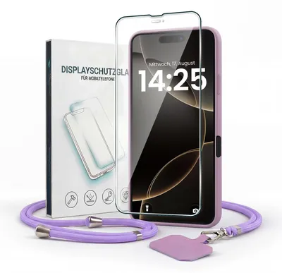 Produktbild von Handyhülle für Apple iPhone 18 Pro mit Handykette und 9H Displayglas Displayschutz Band Kordel Hülle Case Schutzhülle Lila Violett