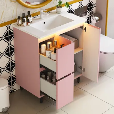 Produktbild von Freistehender Badezimmerwaschtisch 76x47x89 cm Rosa komplett lackiert mit integriertem Waschbecken LED-Radarsensorleuchte und Soft-Close-Scharnieren