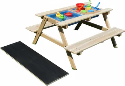 Produktbild von Relaxdays Kindersitzgruppe Holz, 3in1, Spieltisch, Matschküche & Picknicktisch, mit Tafel, HxBxT: 48,5x89x85cm, natur