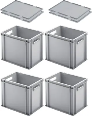Produktbild von SuperSparSet 4x Eurobehälter mit offenem Griff & Auflagedeckel | HxBxT 32x30x40cm | 29 Liter | Grau | Eurobox, Transportbox, Transportbehälter, Stapelbehälter