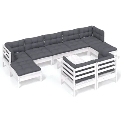 Immagine prodotto di vidaXL Set da giardino lounge da 10 pezzi con cuscini, legno massello di pino bianco