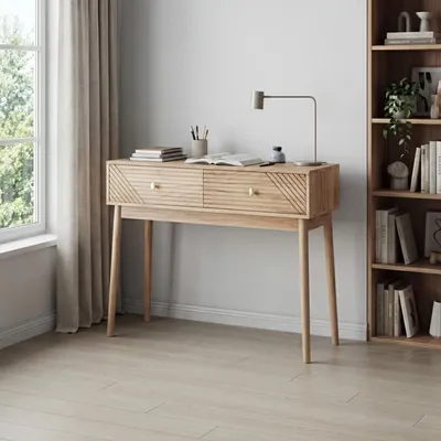 Produktbild von Mid-Century Schreibtisch mit Schubladen Eichenfarbe für Wohnzimmer Foyer Flur