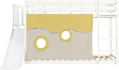 Produktbild von Etagenbett 90x200cm Holzbett Rutsche Fallschutz Gitter MDF Kiefer Weiss ohne Matratze Funktionsbett Jugendbett Einzelbett Gaestebett Kinderbett
