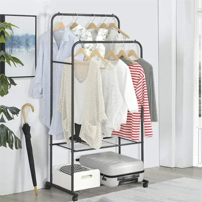 Image de Porte-manteaux FATIVO sur roulettes avec 2 tringles et 2 étagères, porte-manteaux en métal, jusqu'à 50 kg, pour chambre à coucher, dressing, magasin, noir