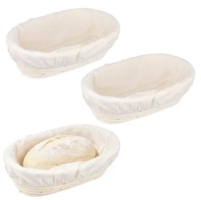 3 ovale Gärkörbe 25x15x8 cm, Rattan mit Leineneinlage