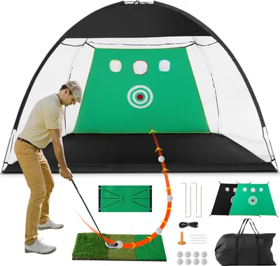 Produktbild von VEVOR golfová sieť, 3 x 2,1 m, cvičná sieť "všetko v jednom", tréning golfového švihu v interiéri aj exteriéri doma, sieť na golfové údery s terčom/tréningovou podložkou/loptami/teesom/golfovými palicami/vreckom, na odpalovanie v záhrade, darček pre mužov