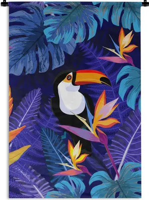 Produktbild von MuchoWow® Wandteppich Wandbehang Dschungel - Tukan - Blumen - Pflanzen - Kinder - Lila - Tiere 90x135 cm Tapisserie Dekoration Wandtuch - Baumwolle - Wandskulptur