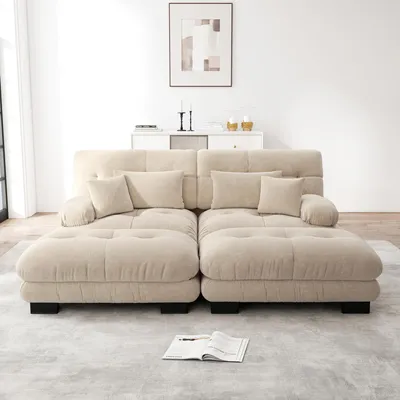 Image de Sweiko Cloud Canapé d'angle pour salon, Chenille Canapé double avec 2 coussins lombaires et 2 coussins décoratifs, Canapé rembourré avec de larges accoudoirs et 2 ottomans, Chenille Marron clair