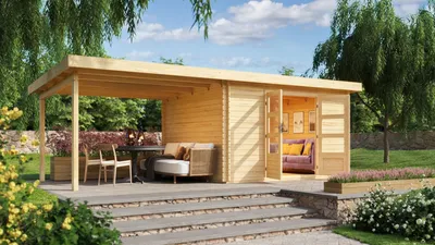 Produktbild von Gartenhaus Blockbohlenhaus Gerätehaus Bastrup 7 im Set mit Anbaudach 3 m breit naturbelassen 640x297x222 cm