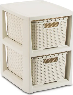 A two-drawer storage unit with rattan-style baskets.