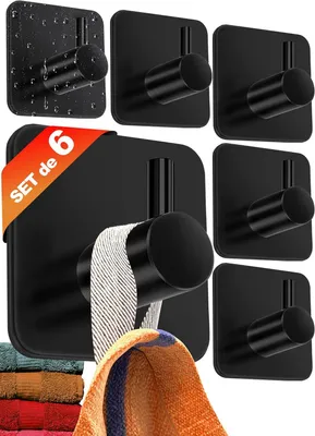 Imagen del producto de Ganchos adhesivos para pared (6 unidades), soporte para toallas para baño, soporte para toallas de cocina, ganchos de acero inoxidable autoadhesivos, color negro