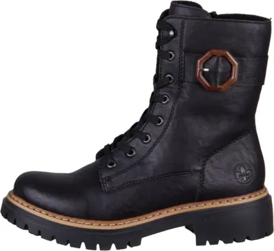 A black leather lace-up boot with a buckle detail.