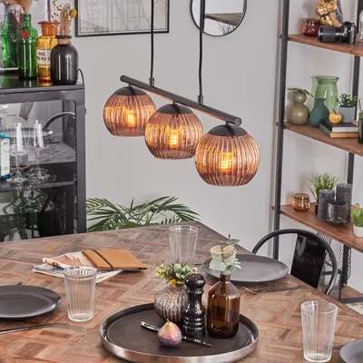 Produktbild von Cesaro Hängelampe aus Metall/Riffelglas in Schwarz/Kupferfarben