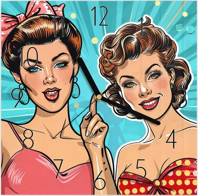 Produktbild von Wanduhr aus Glas mit Motiv Retro Frauen Illustration- 30 x 30 cm - inkl. Aufhängesystem