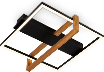A modern LED ceiling light with a black frame and wooden accents, presented against a white background.
