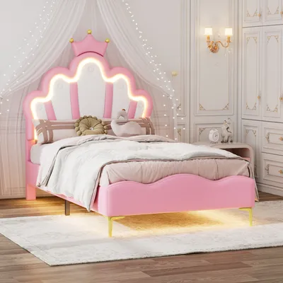 Produktbild von Merax Polsterbett 90x200cm mit LED, Kinderbett mit Kronenförmigem Kopfteil, Einzelbett mit Lattenrost, Holzbett Jugendbett aus Kunstleder, Rosa