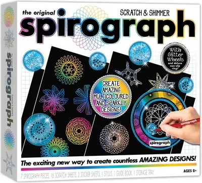The image shows the packaging of a Spirograph Scratch & Shimmer art kit.