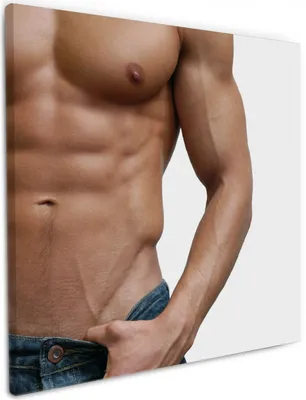 Produktbild von Wallario Premium Leinwandbild Halbnackter Mann mit Jeans in Größe 50 x 50 cm