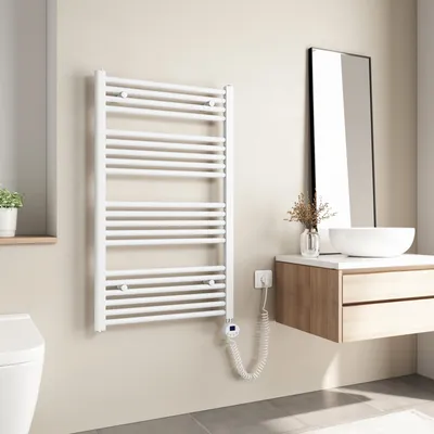 Image de Heilmetz Radiateur de salle de bain Électrique 100 x 60 cm Blanc Radiateur sèche-serviettes électrique avec thermostat Timing Barre chauffante Sèche-serviettes Tube rond Sans barre chauffante