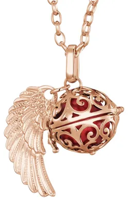 Produktbild von Morella Damen Halskette roségold Edelstahl 70 cm mit roségoldenem Anhänger Engelsflügel und Klangkugel rot Ø 16 mm in Schmuckbeutel