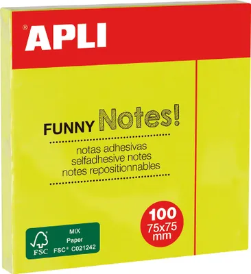 Image de APLI 11897 APLI Haftnotizen "FUNNY Notes!", 75 x 75 mm, neongelb