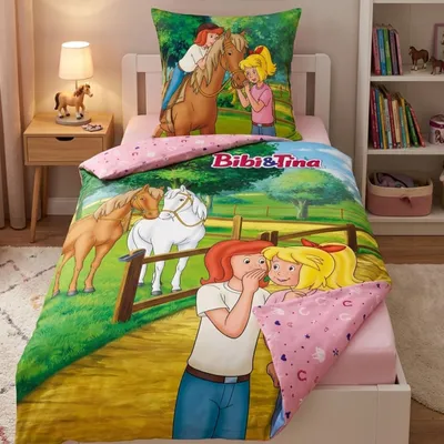 Produktbild von Bibi und Tina Bettwäsche für Mädchen 135x200 80x80 cm Rosa mit Pferden aus 100% Baumwolle