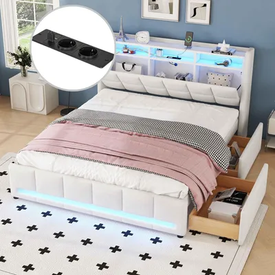 Produktbild von APP-LED Polsterbett mit USB-Ladestation & Schubladen, beiges Leinen. 140x200 cm