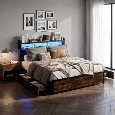 Produktbild von INONEFT Metallbett 140x200 mit Stauraum, Jugendbett Doppelbett mit LED und 4 Schubladen, Funktionsbett Stauraumbett mit Kopfteil-Ablage, PU