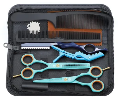 Image de Set de ciseaux de coiffure Haarschere, 14 cm, vert, en acier inoxydable 440C, comprenant des ciseaux de dégradé, des peignes et une pochette