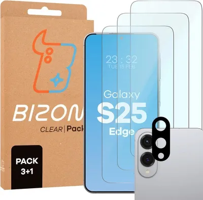 Produktbild von Gehärtetes Glas - 3 Stück + Kameraschutz für Samsung Galaxy S25 Edge, Bizon Glass Clear Pack