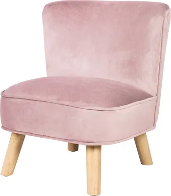 A pink velvet children's chair with wooden legs, shown from the front.