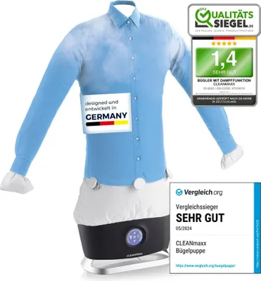A blue shirt is displayed on a mannequin-like device, with steam emanating from it. Several marketing badges and labels are overlaid on the image.