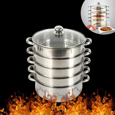 Produktbild von 5-Stufiger Dampfgarer Aus Edelstahl Mit Dickem Boden, Dampfgarer, 10-Zoll-Topf M - silber