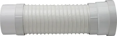 A white flexible drain pipe with connectors on both ends, shown horizontally against a white background.