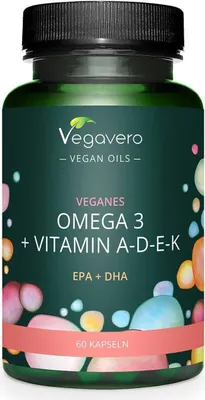 Produktbild von Vegavero Omega-3 Plus ADEK | 60 Kapseln | EPA + DHA aus Algenöl | mit Vitamin A, D, E, K | vegan