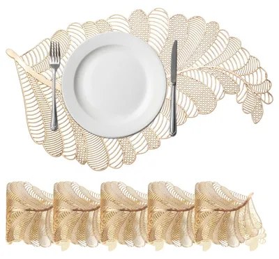 Productafbeelding van Set van 6 Gouden Blad Placemat - Duurzaam en Wasbaar, 30 x 45 cm, voor Eettafel Decoratie